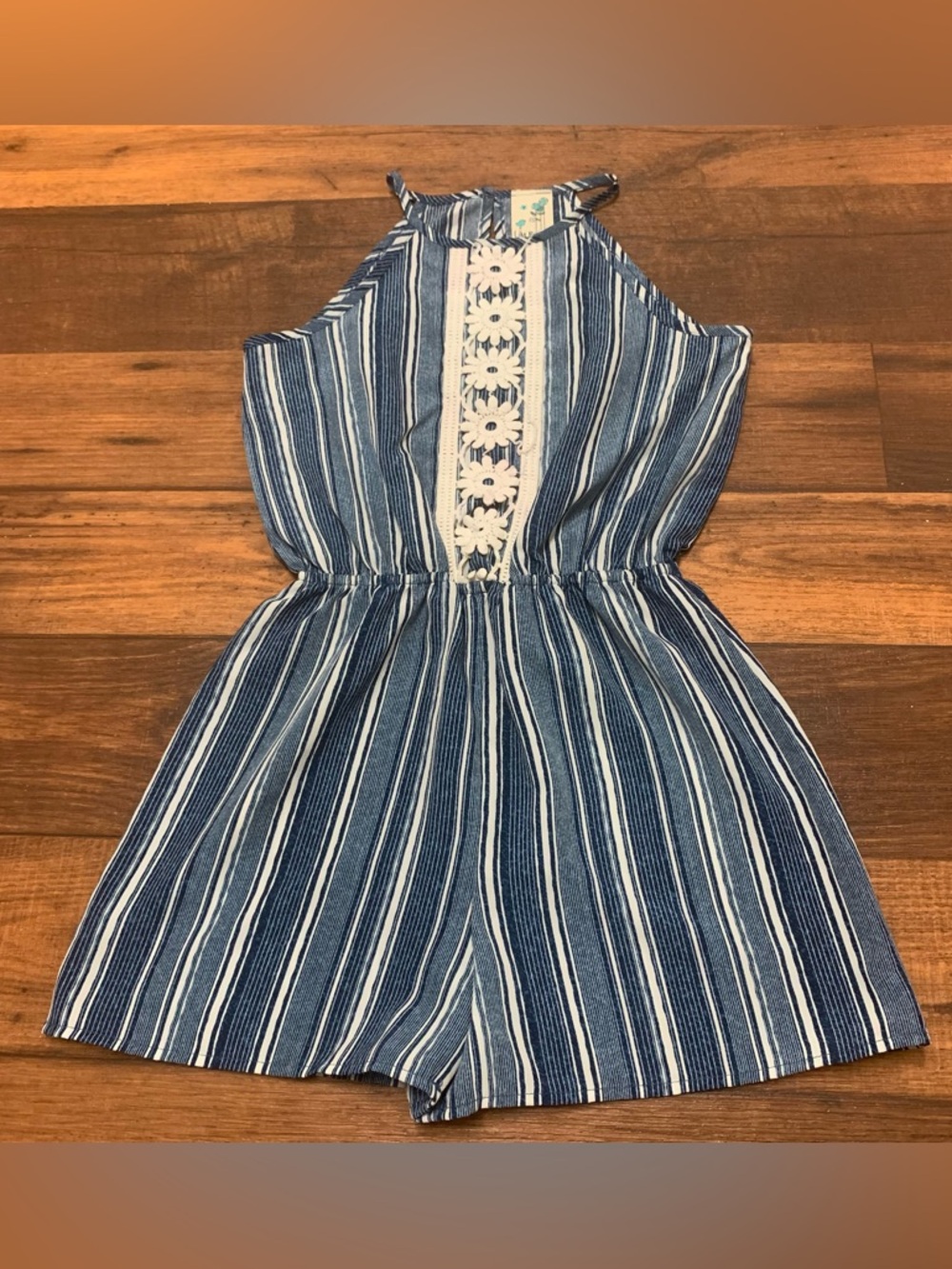 Lily Bleu Romper Girls Size L 12 Striped Blue White Sleeveless, Flowers
